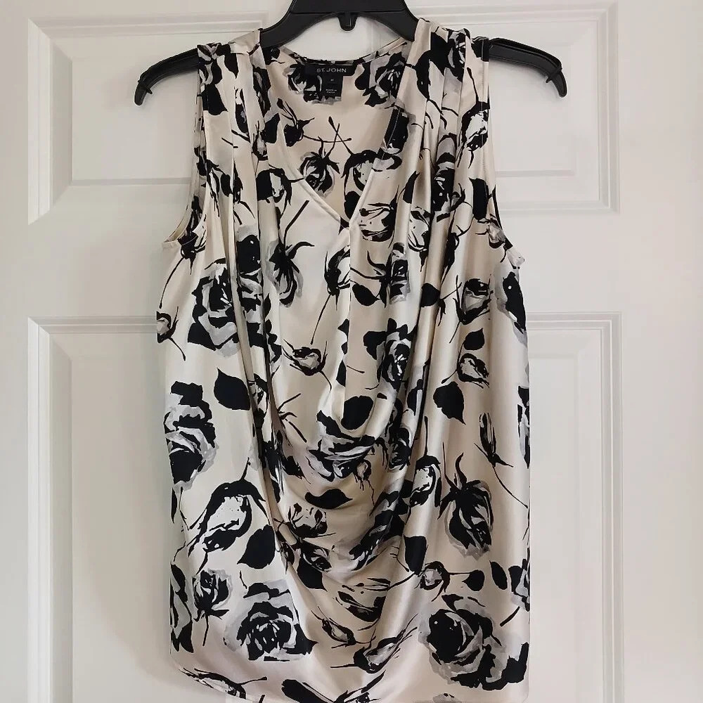 ST JOHN Silk Floral Draped Pleated Flowy V Neck Sleeveless Pullover Top Blouse M